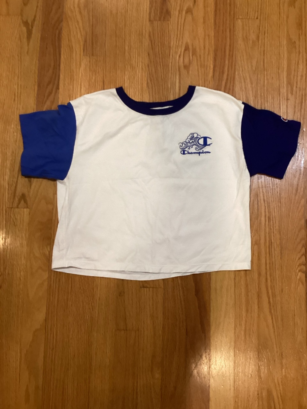 Champion White Tee with Blue Sleeves and Navy Trim